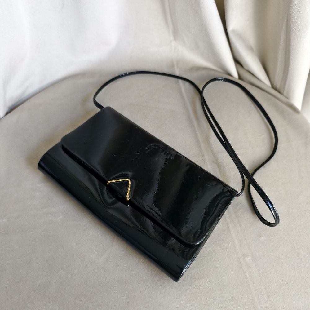 Vintagr Elegant Black Patent Leather Clutch Shoulder Bag